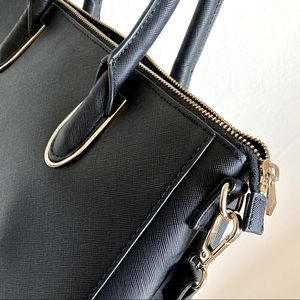 Vegan Saffiano leather black crossbody bag with gold hardware detail